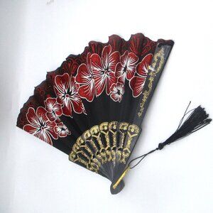 Elegant Black & Red Folding Fan Floral Design Gold Trim Tassel Handheld Accessor
